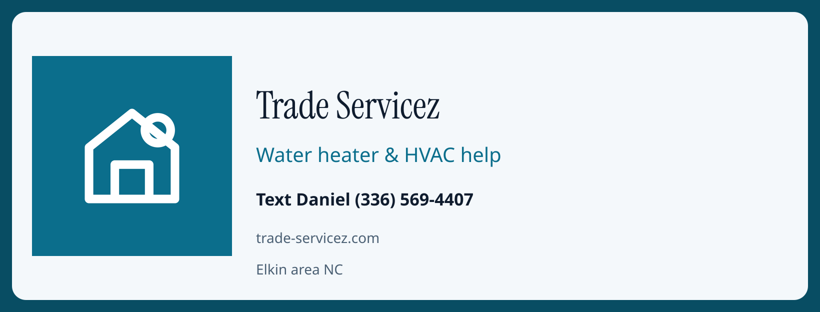 Trade Servicez Facebook cover: water heater and HVAC help, text Daniel, Elkin area NC