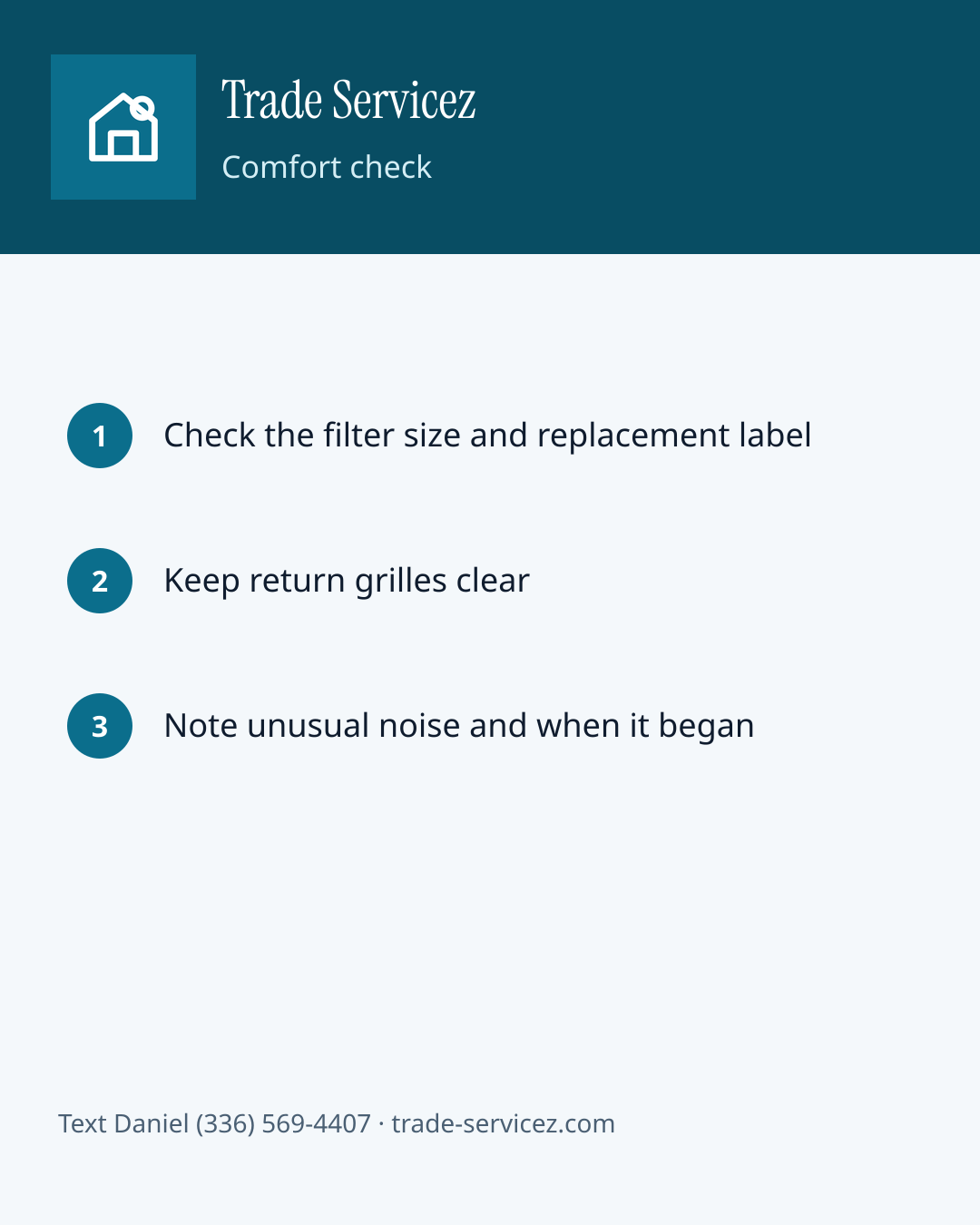 Comfort check: filter label, clear return grilles, note unusual noise