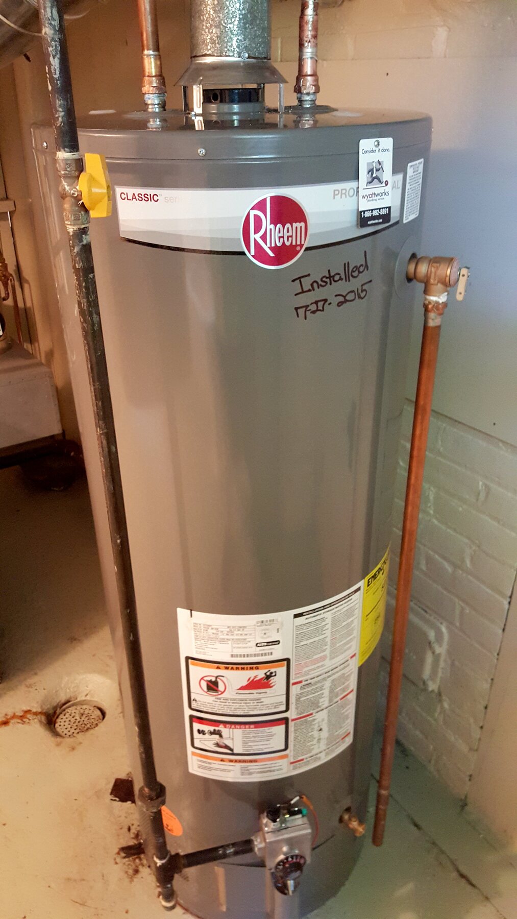 Rheem residential gas water heater, reference photo, not a Trade Servicez job